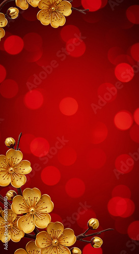 Festive Red Gold Flowers Bokeh Background Lunar New Year Design