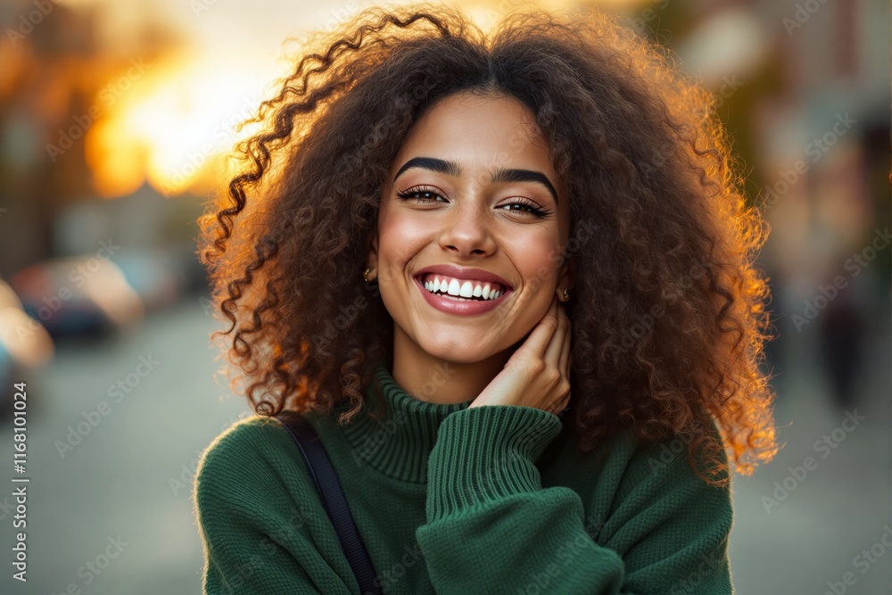 Smiling woman with curly hair in green sweater, glowing sunset in background, outdoor lifestyle scene, cheerful mood, natural beauty. Ai generative Smiling woman with curly hair in green sweater, glowing sunset in background, outdoor lifestyle scene, cheerful mood, natural beauty. Ai generative