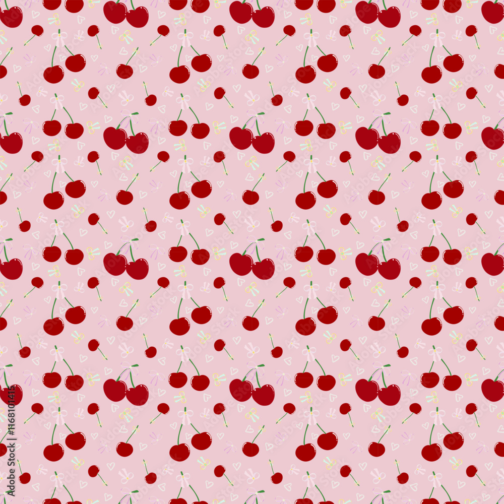 Seamless pattern Retro Playful Coquette. Pattern Red Cherries with Ribbon bow vector hand drawing Seamless pattern Retro Playful Coquette. Pattern Red Cherries with Ribbon bow vector hand drawing