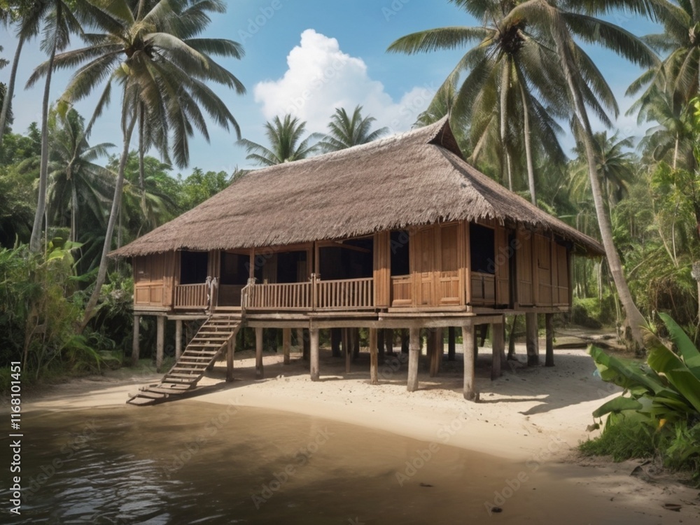A traditional kampung house with a stilted design, surrounded by coconut tress A traditional kampung house with a stilted design, surrounded by coconut tress