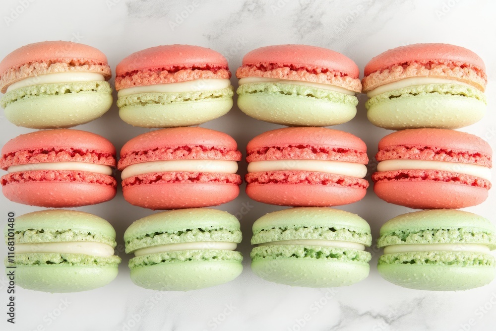 Fototapeta premium Twelve pastel-colored macarons, six pink and six green, arranged neatly on a marble surface.