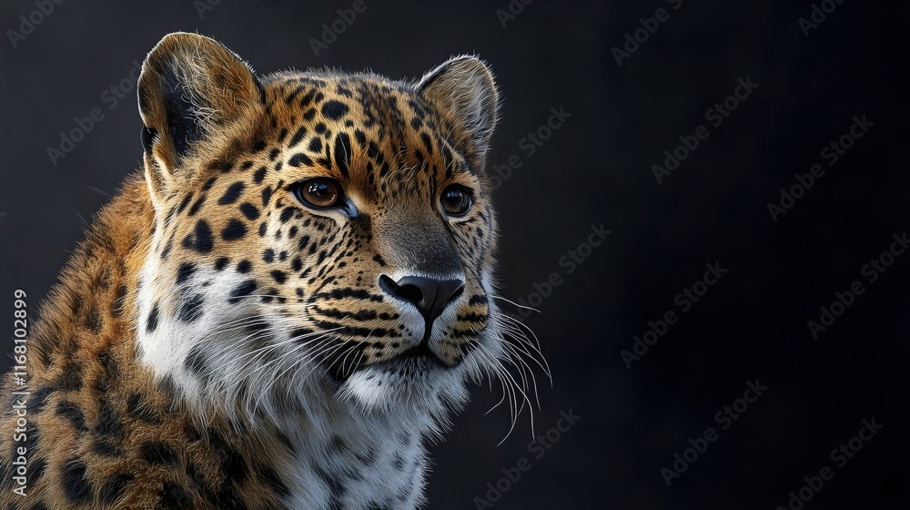 Obraz premium A close-up of a majestic leopard showcasing its striking features and unique spots against a dark background.