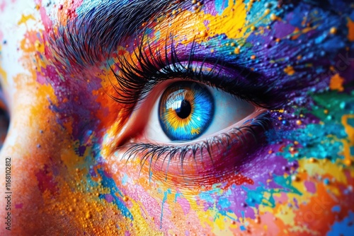 Close-up of a human eye surrounded by vivid multicolor paint splashes, creating a vibrant artistic style on a blurred background. Concept of creativity. Ai generative