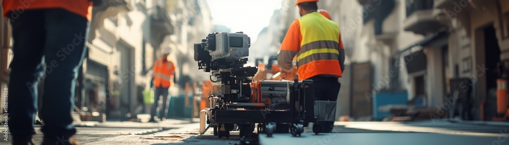 Diverse Construction Crew Preparing Equipment in Reflective Vests, Focused on the Task Ahead, Urban Construction Site Image Diverse Construction Crew Preparing Equipment in Reflective Vests, Focused on the Task Ahead, Urban Construction Site Image