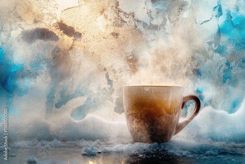 A steaming cup of warmth sits on a snowy windowsill, contrasting the frosty winter scene outside. photo