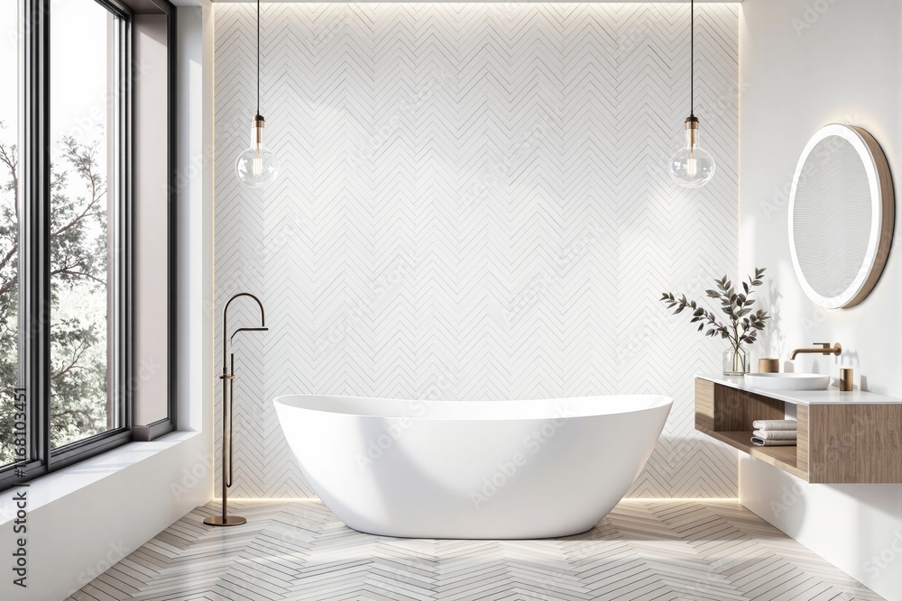 Fototapeta premium Minimalist bathroom featuring a freestanding white bathtub, chevron-patterned wall tiles, and wooden vanity on a bright background. Ai generative