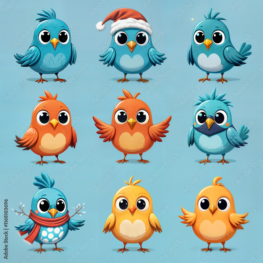 Set of colorful cartoon birds. Cartoon birds isolated on blue background. Set of colorful cartoon birds. Cartoon birds isolated on blue background.