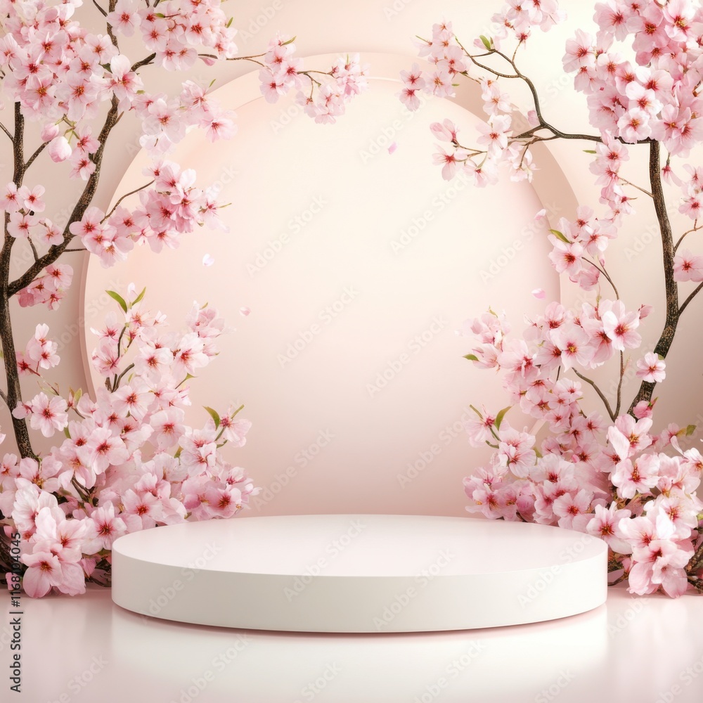 Product presentation on elegant podium surrounded by cherry blossoms in a clean studio environment Product presentation on elegant podium surrounded by cherry blossoms in a clean studio environment