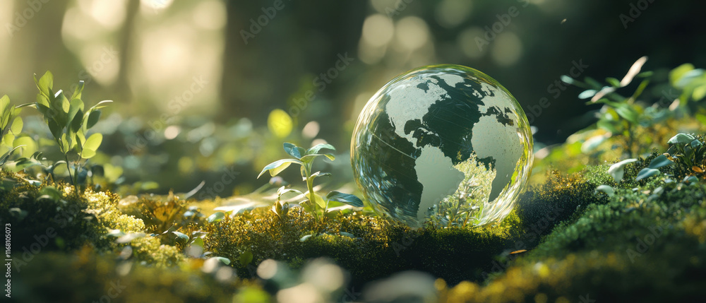 serene nature scene featuring crystal clear globe surrounded by lush greenery and vibrant plants, symbolizing environmental harmony and sustainability serene nature scene featuring crystal clear globe surrounded by lush greenery and vibrant plants, symbolizing environmental harmony and sustainability