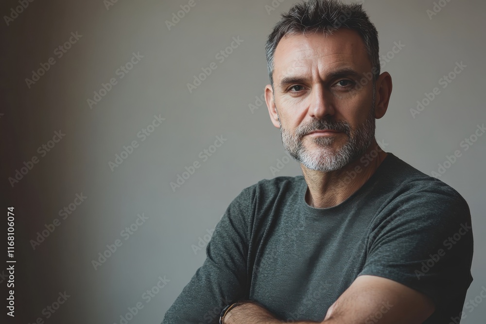 Fototapeta premium Confident Middle-Aged Man with Beard Posing Thoughtfully in Natural Light