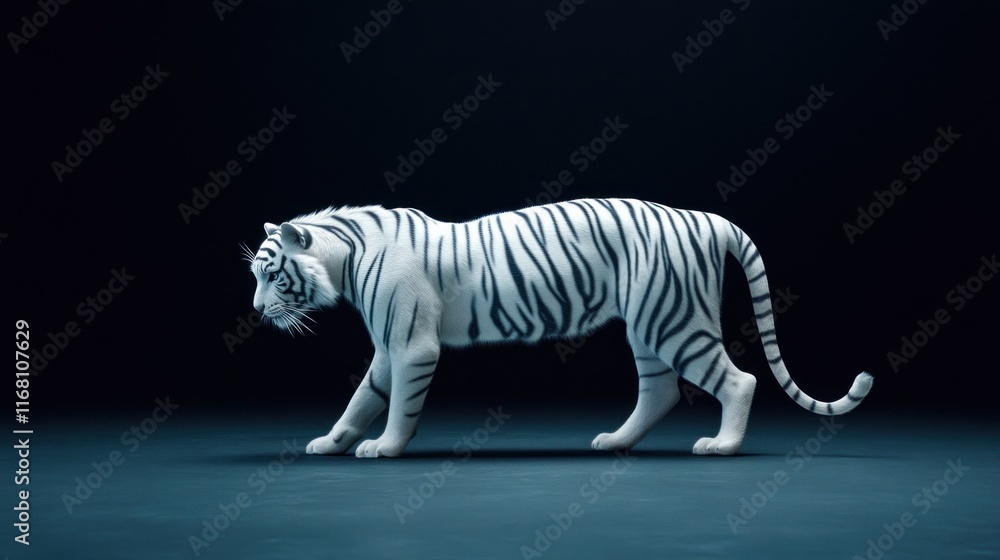 Fototapeta premium Majestic white tiger walking studio setting animal photography dark background side view nature concept