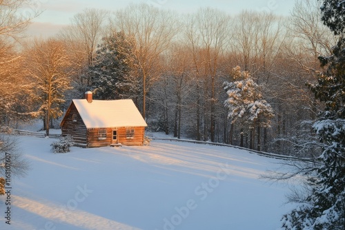 A cozy log cabin sits nestled in a snow-covered winter wonderland, bathed in the warm glow of sunrise. photo