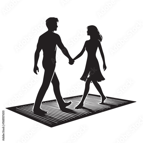 A man and a girl are holding hands and walking on a mat