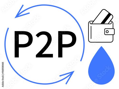 P2P text surrounded by arrows, wallet with a credit card, and blue droplet. Ideal for fintech, digital transactions, financial services, mobile payments, peer-to-peer lending, online banking