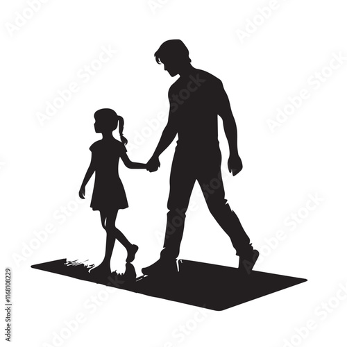 A man and a girl are holding hands and walking on a mat