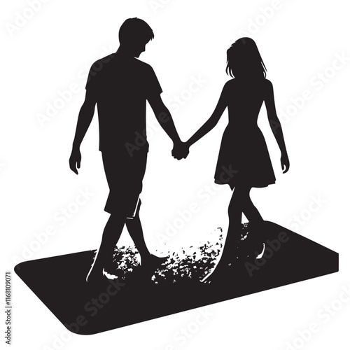 A man and a girl are holding hands and walking on a mat