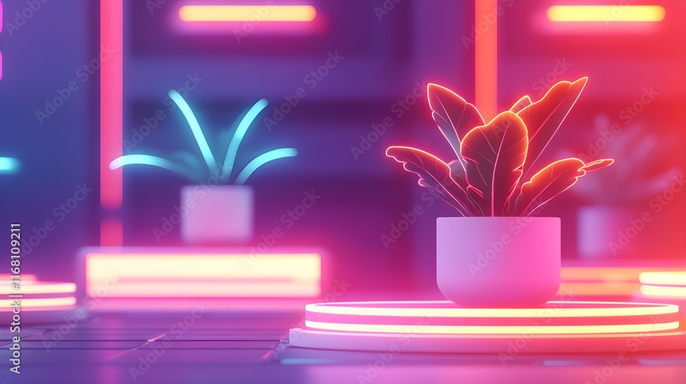neon plant pot minimalist background - neon