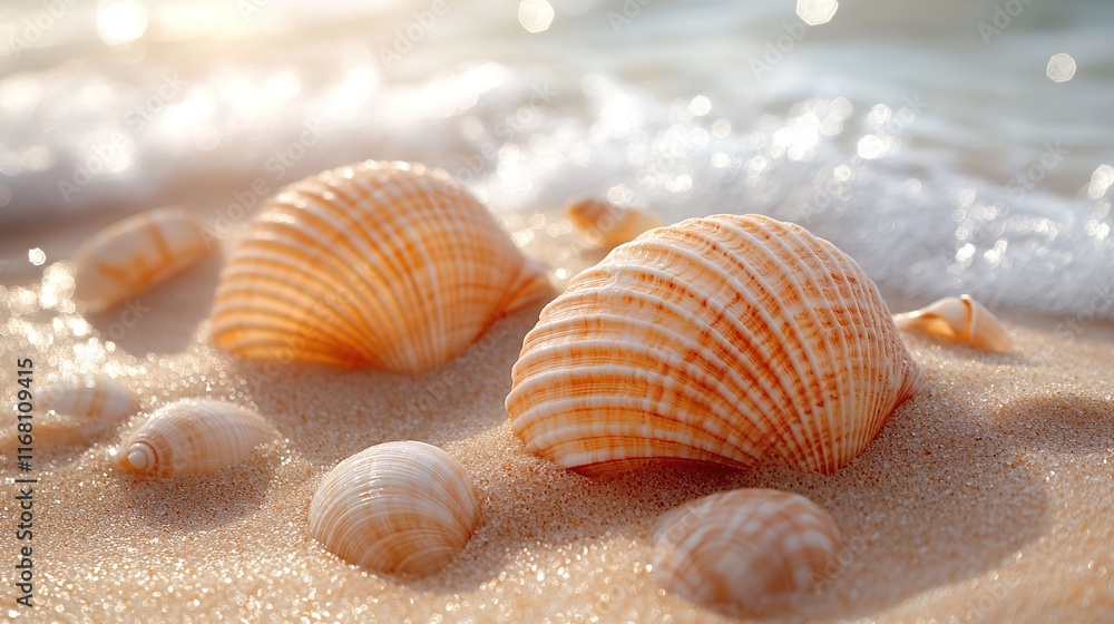 Seashells on Sandy Beach with Gentle Waves Seashells on Sandy Beach with Gentle Waves