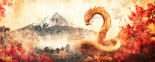 Artistic image of a golden serpent slinking gracefully around Mount Fuji. photo