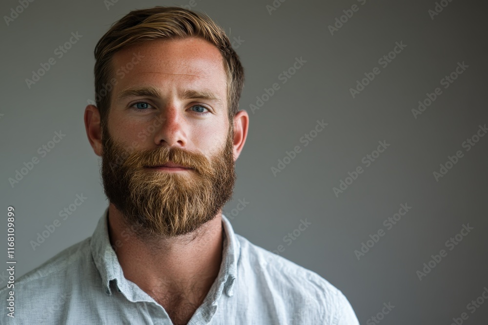 Confident Young Man with a Beard Posing Against a Neutral Background Confident Young Man with a Beard Posing Against a Neutral Background