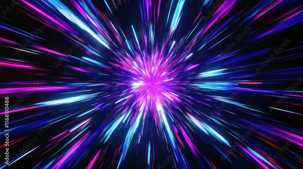 Cosmic explosion, vibrant neon colors, purple and blue energy burst, radial light streaks, abstract space background, dynamic motion blur, galactic core, hyperspace tunnel effect, intense bright cente Cosmic explosion, vibrant neon colors, purple and blue energy burst, radial light streaks, abstract space background, dynamic motion blur, galactic core, hyperspace tunnel effect, intense bright cente