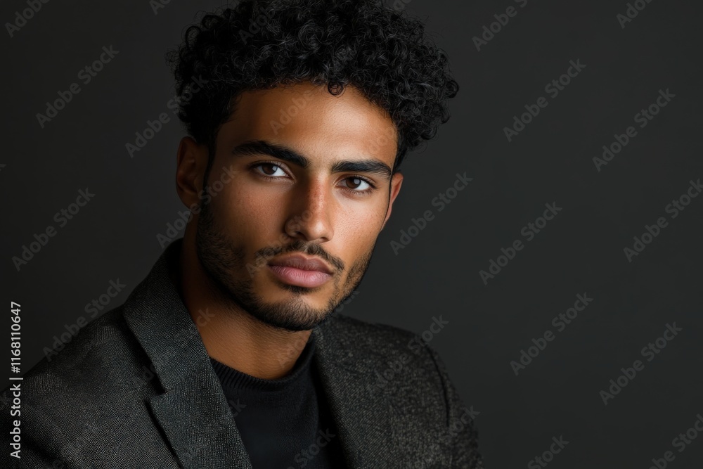 Fototapeta premium Stylish Portrait of a Young Man with Curly Hair Against a Dark Background