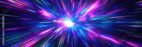 Cosmic explosion  vibrant neon colors  purple and blue energy burst  radial light streaks  abstract space background  dynamic motion blur  galactic core  hyperspace tunnel effect  intense bright cente