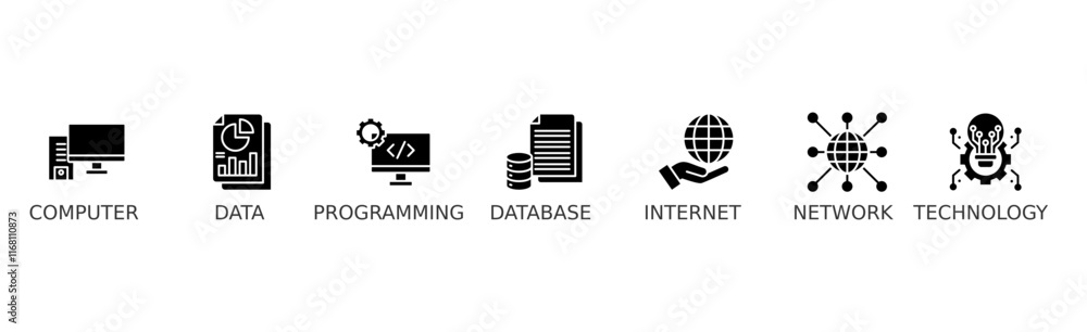 Information technology banner web icon vector illustration concept with icon of computer, data, programming, database, internet, network, and technology Information technology banner web icon vector illustration concept with icon of computer, data, programming, database, internet, network, and technology