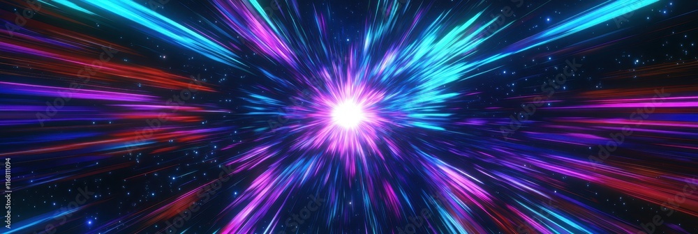 Cosmic explosion, vibrant neon colors, purple and blue energy burst, radial light streaks, abstract space background, dynamic motion blur, galactic core, hyperspace tunnel effect, intense bright cente Cosmic explosion, vibrant neon colors, purple and blue energy burst, radial light streaks, abstract space background, dynamic motion blur, galactic core, hyperspace tunnel effect, intense bright cente