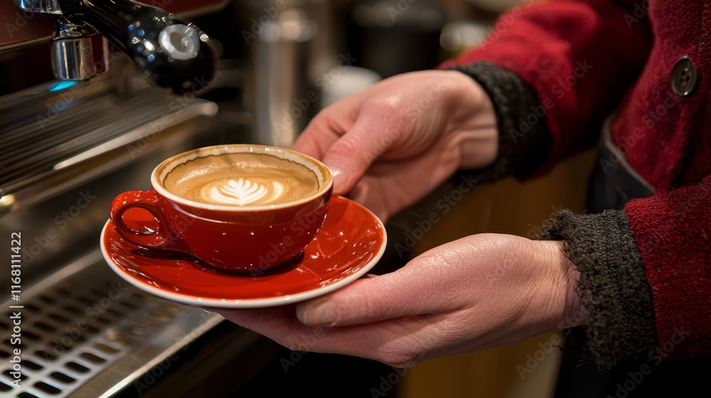 Hands Holding a Red Cup of Coffee with Latte Art in a Cozy Cafe Setting Hands Holding a Red Cup of Coffee with Latte Art in a Cozy Cafe Setting