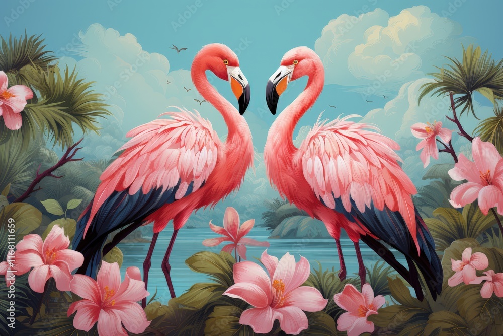 Fototapeta premium Captivating Tropical Jungle Scene with Majestic Flamingos Surrounded by Lush Green Leaves and Vibrant Pink Blossoms in a Serene Forest Setting