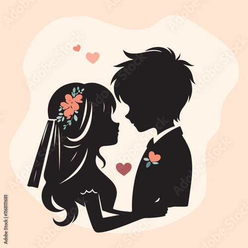 Silhouette of a couple on pale orange background