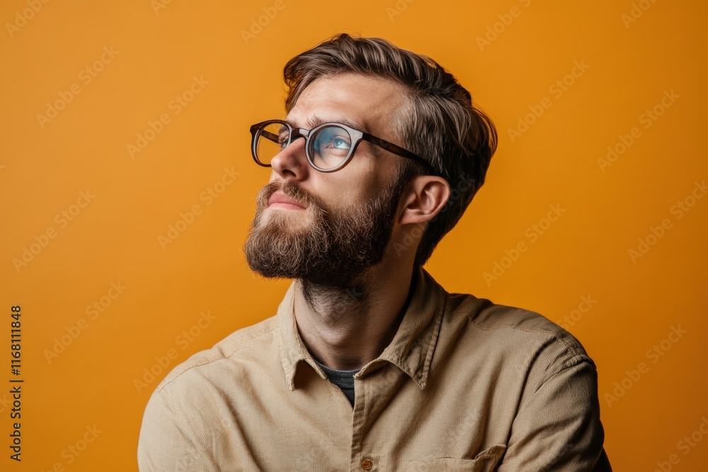 Obraz premium Thoughtful Young Man with Glasses Against a Vibrant Orange Background
