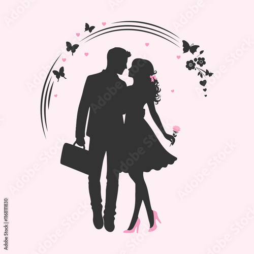 Silhouette of a couple on pink background