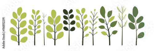 Set of tree and leaf collection hand drawn flat design vector element. botanical set of bare trees and ones with leaves and lush green