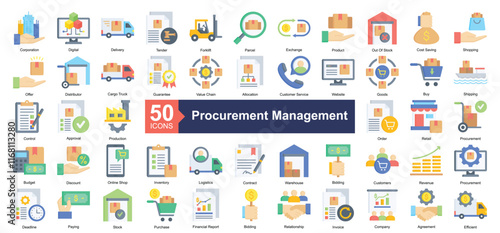 Procurement Management Icon Collection Set.Containing product, shopping, distributor, guarantee, value chain icon. Simple flat style Vector Illustration.	