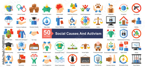 Social Causes and Activism Icon Collection Set.Containing cclimate change, gender equality, racial justice, poverty alleviation, mental health icon. Simple flat style Vector Illustration.	