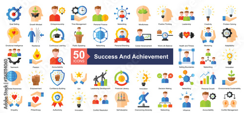 Success and Achievement Icon Collection Set.Containing goal setting, growth mindset, entrepreneurship, time management, personal finance icon. Simple flat style Vector Illustration.	