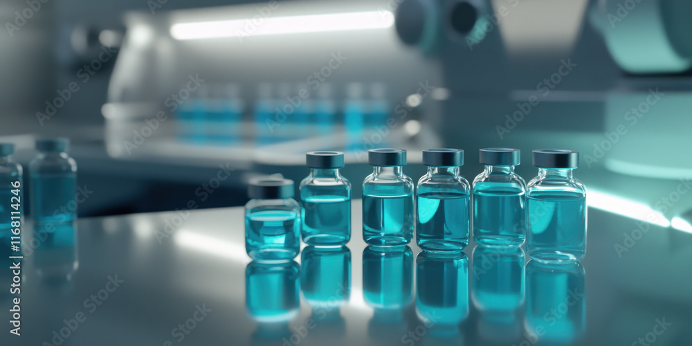 Close up shot of vials filled with blue liquid in laboratory setting, showcasing clarity and precision of glass containers. modern environment enhances scientific atmosphere Close up shot of vials filled with blue liquid in laboratory setting, showcasing clarity and precision of glass containers. modern environment enhances scientific atmosphere