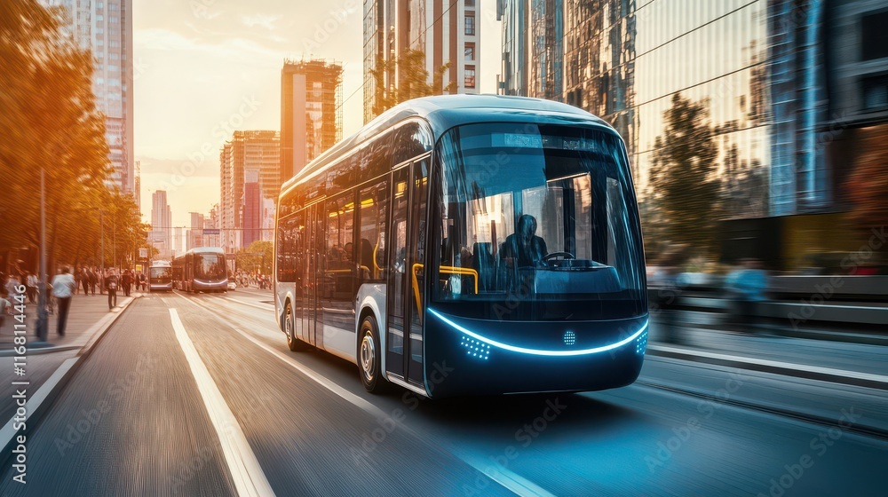Fototapeta premium Futuristic Electric Bus in Urban Cityscape