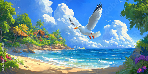 A stunning digital painting of a tropical beach with a seagull flying, photo