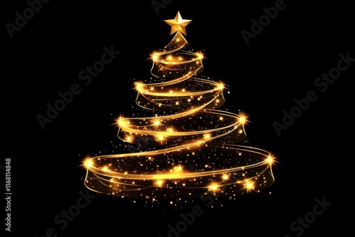 Golden Ribbon Christmas Tree on Black Background