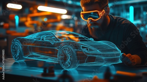 Automotive engineer, holographic car design, futuristic workspace, 3D projection, glowing blue wireframe, high-tech glasses, concentrated expression, night office, innovative technology, digital proto photo