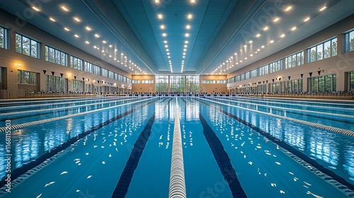 Swimming pool complex with white screens at the end of the lanes showing times rankings and athlete profiles during a competition photo