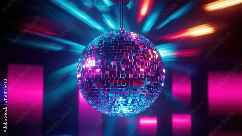 Obraz premium disco ball, glowing, vibrant colors, purple and pink lighting, radiant beams, reflective surface, dance floor, retro, nightclub atmosphere, 70s style, shimmering, party, dynamic lighting, sparkle, ene