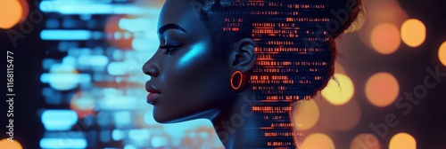 Cyberpunk portrait, African woman, side profile, holographic glitches, neon lights, digital distortion, futuristic, dark background, bokeh effect, vibrant colors, high contrast, sci-fi atmosphere, tec photo