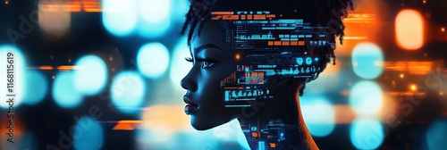 Cyberpunk portrait, African woman, side profile, holographic glitches, neon lights, digital distortion, futuristic, dark background, bokeh effect, vibrant colors, high contrast, sci-fi atmosphere, tec photo