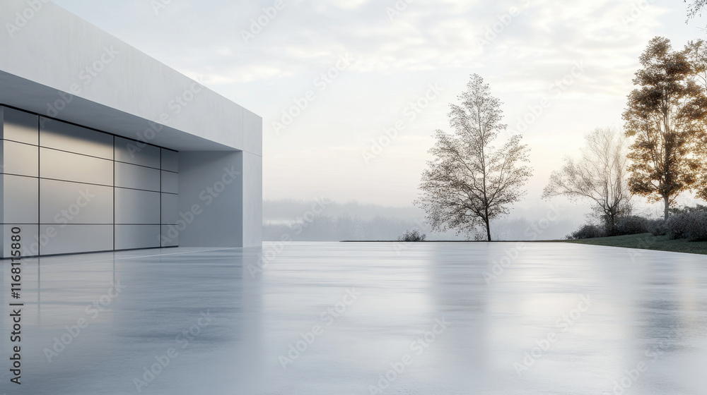 Fototapeta premium serene modern landscape featuring minimalist building with smooth concrete surface, surrounded by trees and tranquil atmosphere