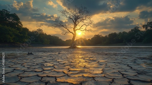 Lone tree silhouetted against a vibrant sunset over a cracked, dry lakebed.  A powerful image evoking themes of resilience, climate change, and the beauty of nature. photo