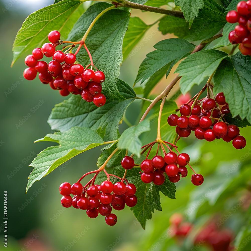 fresh red viburnum berries with green leaves fresh red viburnum berries with green leaves